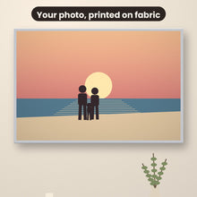 Load image into Gallery viewer, Custom family photo printed as fabric wall art in a slim silver Knittworks frame