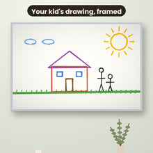 Load image into Gallery viewer, Child's drawing printed as fabric wall art in a slim silver Knittworks frame
