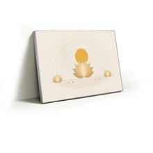 Load image into Gallery viewer, Golden lotus minimalist fabric wall art print in a slim silver Knittworks frame