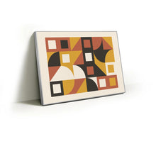 Load image into Gallery viewer, Mustard Geometry fabric wall art print in a slim silver Knittworks frame