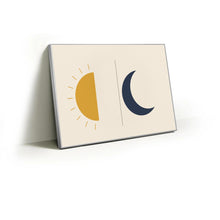 Load image into Gallery viewer, Sun and Moon fabric wall art print in a slim silver Knittworks frame