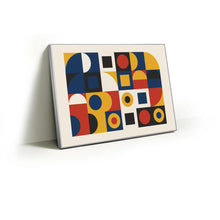 Load image into Gallery viewer, Bauhaus Blocks fabric wall art print in a slim silver Knittworks frame
