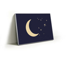 Load image into Gallery viewer, Crescent and Stars fabric wall art print in a slim silver Knittworks frame
