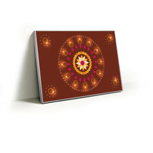 Load image into Gallery viewer, Ring of twelve glowing diyas around a marigold mandala fabric wall art print in a slim silver Knittworks frame
