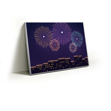 Load image into Gallery viewer, Diwali fireworks over a city skyline fabric wall art print in a slim silver Knittworks frame

