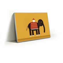 Load image into Gallery viewer, Folk Elephant fabric wall art print in a slim silver Knittworks frame
