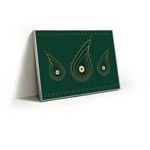 Load image into Gallery viewer, Gold line paisley motifs on emerald green fabric wall art print in a slim silver Knittworks frame
