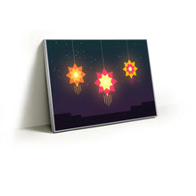 Load image into Gallery viewer, Akash kandil star lanterns fabric wall art print in a slim silver Knittworks frame
