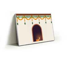 Load image into Gallery viewer, Marigold and mango leaf toran fabric wall art print in a slim silver Knittworks frame
