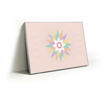 Load image into Gallery viewer, Pastel mint, peach and lilac rangoli flower on blush fabric wall art print in a slim silver Knittworks frame
