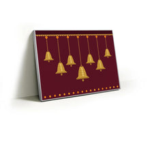 Load image into Gallery viewer, Row of hanging brass temple bells on maroon fabric wall art print in a slim silver Knittworks frame
