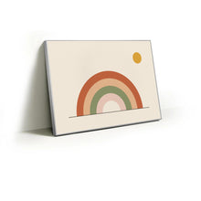 Load image into Gallery viewer, Terracotta Rainbow fabric wall art print in a slim silver Knittworks frame
