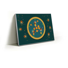 Load image into Gallery viewer, Top view brass urli with floating marigolds and diyas fabric wall art print in a slim silver Knittworks frame

